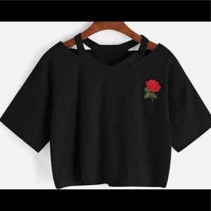 Brand New Crop Shein Patched Rose Tee